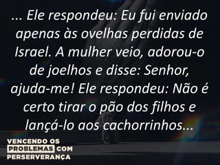 ... Ele respondeu: Eu fui enviado
apenas às ovelhas perdidas de
Israel. A mulher veio, adorou-o
de joelhos e disse: Senhor,
ajuda-me! Ele respondeu: Não é
certo tirar o pão dos filhos e
lançá-lo aos cachorrinhos...
 