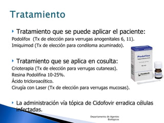 Tratamiento que se puede aplicar el paciente: Podolifox  (Tx de elección para verrugas anogenitales 6, 11). Imiquimod (Tx de elección para condiloma acuminado). Tratamiento que se aplica en cosulta: Crioterapia (Tx de elección para verrugas cutaneas). Resina Podolifina 10-25%. Ácido tricloroacético. Cirugía con Laser (Tx de elección para verrugas mucosas). La administración vía tópica de Cidofovir erradica células infectadas. Departamento de Agentes Biológicos 