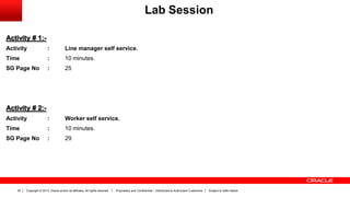 Copyright © 2013, Oracle and/or its affiliates. All rights reserved. Proprietary and Confidential – Distributed to Authorized Customers Subject to Safe Harbor25
Activity # 1:-
Activity : Line manager self service.
Time : 10 minutes.
SG Page No : 25
Activity # 2:-
Activity : Worker self service.
Time : 10 minutes.
SG Page No : 29
Lab Session
 