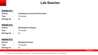 Copyright © 2013, Oracle and/or its affiliates. All rights reserved. Proprietary and Confidential – Distributed to Authorized Customers Subject to Safe Harbor33
Activity # 3:-
Activity : Changing your personal information.
Time : 10 minutes.
SG Page No : 45
Activity # 4:-
Activity : Browsing the directory.
Time : 10 minutes.
SG Page No : 49
Activity # 5:-
Activity : Managing the team.
Time : 10 minutes.
SG Page No : 53
Lab Session
 