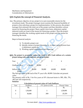 Machinery and Equipment
   Consideration of Alternatives

Q12. Explain the concept of Financial Analysis.

Ans. The primary objective of any project is to earn reasonable returns for the
  investment made. The project manager must examine the financial feasibility of
  projects when selecting a project for implementation. In this process, the project
  manager first estimates the total cost of the project and then identifies various
  means for financing the project. Share capital, term loans, debenture capital,
  deferred credit are some of the means for financing a project. Then the project
  manager identifies the working capital needs of the project and the means for
  financing the needs.

   Steps in financial analysis

             1) To identify project cost
             2) Identify means of project financing i.e. a) share capital b) term loan
                c) debenture capital etc,
             3) Working capital requirement and financing.


Q13.: No project is acceptable unless the yield is 10%. Cash inflows of a certain
  project along with cash outflows are given below:

   Year          0             1             2               3            4
          5
   Outflows (Rs.)       1, 50,000     30,000         -              -            -
          -
   Inflows (Rs.) -             20,000        30,000          60,000       80,000
          30,000
   The Salvage value at the end of the 5th year is Rs. 40,000. Calculate net present
   value.
   The present value of Re. 1 for five years at 10% discount factor is .909, .826, .751,
   .683 and .621 respectively.
   Solution
                    Calculation of present value of Cash Outflows
      Year            Outflows              P.V. factor at 10%          Present Value
                         Rs.                                                 Rs.
       0              1,50,000                      1                    1,50,000
       1                30,000                     .909                     27,270




                         For more detail: - http://www.gurukpo.com
 