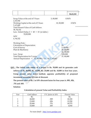 50,43,232

   Scrap Value at the end of 5 Years                 5, 00,000             0.5674
   2, 83,700
   Working Capital at the end of 5 Years                    10, 00,000               0.5674
   5, 67,400
   Total Present Value of Cash Inflows
   58, 94,332
   Less : Initial Outlay 2 + 40 + 10 (in lakhs )
                  52,00,000
   NPV
   6, 94,332

   Working Note :
   Calculation of Depreciation:                                       Rs.
   Cost of Survey                                                     2, 00,000
   Plant & Machinery                                                  40, 00,000
                                                                      42, 00,000
   Less : Scrap                                                       5,00,000
   Total Depreciation for 5 years                                     37, 00,000
   Annual Depreciation = 37, 00,000 / 5 = Rs. 7, 40,000



Q15 : The initial cash outlay of a project is Rs. 50,000 and its generates cash
   inflows of Rs. 20,000, Rs. 15,000, Rs. 25,000 and Rs. 10,000 in first four years.
   Using present value index method, appraise profitability of proposed
   investment assuming 10% rate of discount.
   The present value of Re. 1 at 10% discount factor for four years is .909, .826,
   .751 and .683.
   Solution
                    Calculation of present Value and Profitability Index

      Year             Cash Inflows          P.V. factor at 10%           Present Value
                           Rs.                                                 Rs.
        1                20,000                    .909                      18,180
        2                15,000                    .826                      12,390
        3                25,000                    .751                      18,775
        4                10,000                    .683                       6,830


                          For more detail: - http://www.gurukpo.com
 