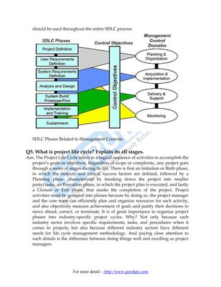 should be used throughout the entire SDLC process.




   SDLC Phases Related to Management Controls.

Q5. What is project life cycle? Explain its all stages.
Ans. The Project Life Cycle refers to a logical sequence of activities to accomplish the
  project’s goals or objectives. Regardless of scope or complexity, any project goes
  through a series of stages during its life. There is first an Initiation or Birth phase,
  in which the outputs and critical success factors are defined, followed by a
  Planning phase, characterized by breaking down the project into smaller
  parts/tasks, an Execution phase, in which the project plan is executed, and lastly
  a Closure or Exit phase, that marks the completion of the project. Project
  activities must be grouped into phases because by doing so, the project manager
  and the core team can efficiently plan and organize resources for each activity,
  and also objectively measure achievement of goals and justify their decisions to
  move ahead, correct, or terminate. It is of great importance to organize project
  phases into industry-specific project cycles. Why? Not only because each
  industry sector involves specific requirements, tasks, and procedures when it
  comes to projects, but also because different industry sectors have different
  needs for life cycle management methodology. And paying close attention to
  such details is the difference between doing things well and excelling as project
  managers.




                         For more detail: - http://www.gurukpo.com
 