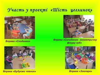 Участь у проекті «Шість цеглинок»
Вправа «Сходинки»
Вправа «Будуємо човник»
Вправа «Складаємо геометричну
фігуру куб»
Вправа «Зоопарк»
 