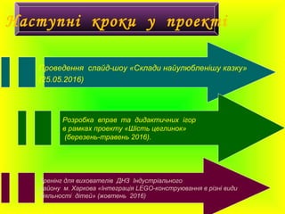 Проведення слайд-шоу «Склади найулюбленішу казку»
(25.05.2016)
Розробка вправ та дидактичних ігор
в рамках проекту «Шість цеглинок»
(березень-травень 2016).
Тренінг для вихователів ДНЗ Індустріального
району м. Харкова «Інтеграція LEGO-конструювання в різні види
діяльності дітей» (жовтень 2016)
Наступні кроки у проекті
 