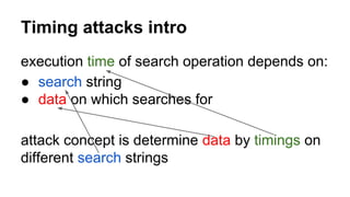Timing attacks intro
execution time of search operation depends on:
● search string
● data on which searches for
attack concept is determine data by timings on
different search strings
 