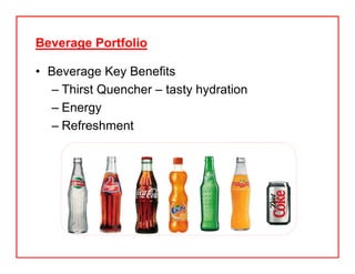 Beverage Portfolio
• Beverage Key Benefits
– Thirst Quencher – tasty hydration
– Energy
– Refreshment
 