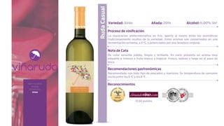 sobre nosotros
bodega
elaboración
vinos
RudaCasual
Variedad: Airén Añada: 2014 Alcohol: 11,00% Vol
Proceso de vinificación
La maceración prefermentativa en frío, aporta al mosto Airén los aromáticos
tradicionalmente ocultos de la variedad. Estos aromas son conservados en una
fermentación extrema, a 11 ºC, y potenciados por una levadura original.
Nota de Cata
De color amarillo pálido, limpio y brillante. En nariz presenta un aroma muy
elegante e intenso a fruta blanca y tropical. Fresco, sedoso y largo en el paso de
boca.
Recomendaciones gastronómicas
Recomendado con todo tipo de pescados y mariscos. Su temperatura de consumo
oscila entre los 6 ºC y los 8 ºC.
Reconocimientos
13,50 puntos
 