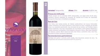 sobre nosotros
bodega
elaboración
vinos
R2
Variedad: Tempranillo Añada: 2014 Alcohol: 13,00% Vol
Proceso de vinificación
Viñedo propios de la variedad 100% tempranillo, con edad entre 15-25 años.
Vendimia manual realizada en canastos de castaño de 12 kilos de capacidad,
transporte minucioso e inmediato a la bodega.
Nota de Cata
Vino tinto, rojo cereza picota, de ribetes cardenalicios con buena intensidad.
Limpio, brillante y con buena presencia. Vino franco en nariz, complejo de entrada
pese a su juventud, penetrante, muy afrutado en sus inicios, con frutillas rojas y
negras maduritas, muy bien conjugadas con una limpia y sutil madera. Regalices y
toques minerales acompañan. Vino elegante, untuoso y fresco. Muy buen equilibro
con taninos suaves. Retro nasal de fruta roja fresca y pimienta rosa, muy fina.
Persistencia larga y postgusto agradable.
Recomendaciones gastronómicas
Maridaje con pastas y arroces, pollo asado, caza de pluma, quesos de vaca . Su
temperatura de consumo oscila entre los 14 ºC y los 16 ºC.
 