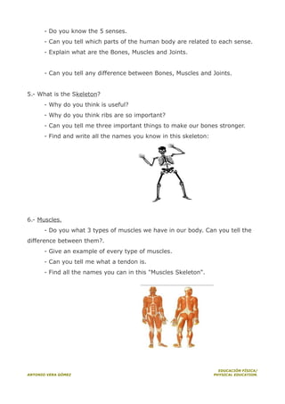 - Do you know the 5 senses.
- Can you tell which parts of the human body are related to each sense.
- Explain what are the Bones, Muscles and Joints.
- Can you tell any difference between Bones, Muscles and Joints.
5.- What is the Skeleton?
- Why do you think is useful?
- Why do you think ribs are so important?
- Can you tell me three important things to make our bones stronger.
- Find and write all the names you know in this skeleton:

6.- Muscles.
- Do you what 3 types of muscles we have in our body. Can you tell the
difference between them?.
- Give an example of every type of muscles.
- Can you tell me what a tendon is.
- Find all the names you can in this "Muscles Skeleton".

ANTONIO VERA GÓMEZ

EDUCACIÓN FÍSICA/
PHYSICAL EDUCATION.

 