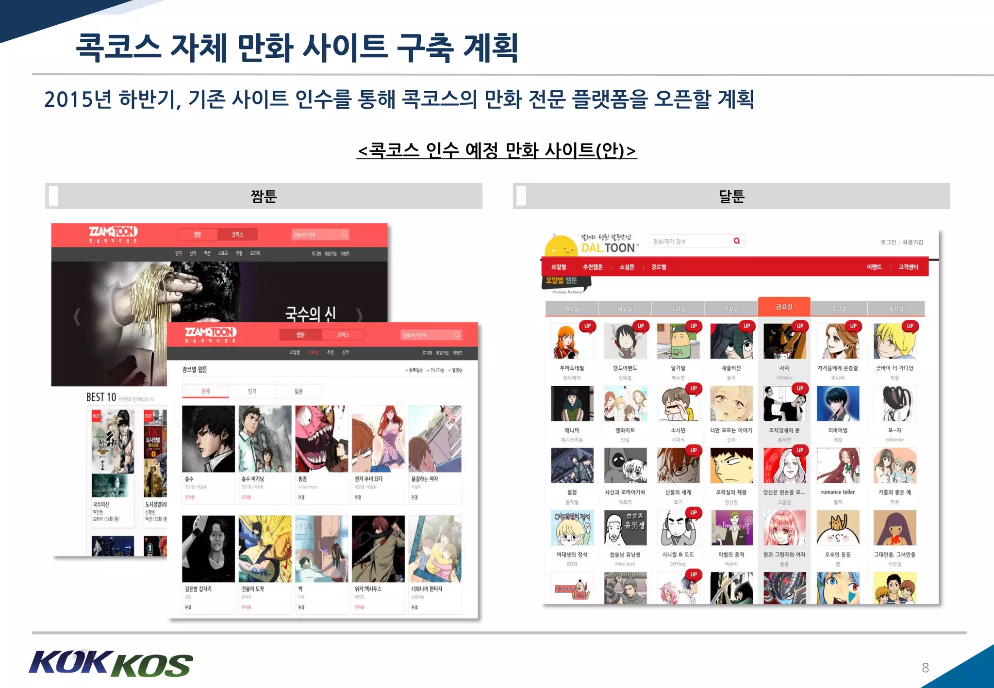 2015년 하반기, 기존 사이트 읶수를 통해 콕코스의 만화 젂문 플랫폼을 오픈핛 계획
콕코스 자체 만화 사이트 구축 계획
8
<콕코스 읶수 예정 만화 사이트(앆)>
짬툰 달툰
 