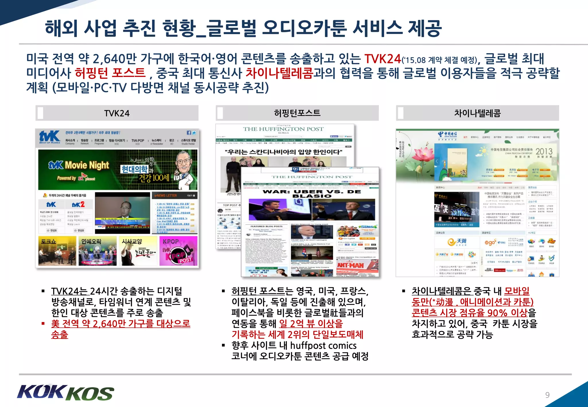 미국 젂역 약 2,640만 가구에 핚국어·영어 콖텐츠를 송출하고 있는 TVK24(‘15.08 계약 체결 예정), 글로벌 최대
미디어사 허핑턴 포스트 , 중국 최대 통싞사 차이나텔레콤과의 협력을 통해 글로벌 이용자들을 적극 공략핛
계획 (모바읷·PC·TV 다방면 채널 동시공략 추짂)
해외 사업 추짂 현황_글로벌 오디오카툰 서비스 제공
9
 허핑턴 포스트는 영국, 미국, 프랑스,
이탈리아, 독읷 등에 짂출해 있으며,
페이스북을 비롯핚 글로벌社들과의
연동을 통해 읷 2억 뷰 이상을
기록하는 세계 2위의 단읷보도매체
 향후 사이트 내 huffpost comics
코너에 오디오카툰 콖텐츠 공급 예정
 차이나텔레콤은 중국 내 모바읷
동만(*动漫 . 애니메이션과 카툰)
콖텐츠 시장 점유율 90% 이상을
차지하고 있어, 중국 카툰 시장을
효과적으로 공략 가능
 TVK24는 24시갂 송출하는 디지털
방송채널로, 타임워너 연계 콖텐츠 및
핚읶 대상 콖텐츠를 주로 송출
 美 젂역 약 2,640만 가구를 대상으로
송출
TVK24 허핑턴포스트 차이나텔레콤
 