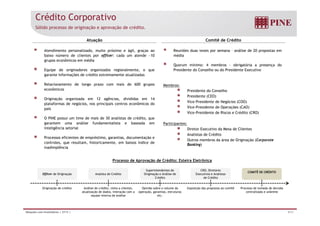 Crédito Corporativo 
Sólido processo de originação e aprovação de crédito. 
Atuação Comitê de Crédito 
Reuniões duas vezes por semana – análise de 20 propostas em 
média 
Atendimento personalizado, muito próximo e ágil, graças ao 
baixo número de clientes por officer: cada um atende ~10 
em média 
Quorum mínimo: 4 membros - obrigatória a presença do 
Presidente do Conselho ou do Presidente Executivo 
Membros: 
grupos econômicos Equipe de originadores organizados regionalmente, o que 
garante informações de crédito extremamente atualizadas 
Relacionamento de longo prazo com mais de 600 grupos 
Presidente do Conselho 
Presidente (CEO) 
Vice-Presidente de Negócios (COO) 
Vice-Presidente de Operações (CAO) 
Vice-Presidente de Riscos e Crédito (CRO) 
econômicos 
Originação organizada em 12 agências, divididas em 14 
plataformas de negócios, nos principais centros econômicos do 
país 
Vice Participantes: 
Diretor Executivo da Mesa de Clientes 
Analistas de Crédito 
O b d á d O i i ã (C 
O PINE possui um time de mais de 30 analistas de crédito, que 
garantem uma análise fundamentalista e baseada em 
inteligência setorial 
Processos eficientes de empréstimo, garantias, documentação e 
Outros membros da área de Originação Corporate 
Banking) 
controles, que resultam, historicamente, em baixos índice de 
inadimplência 
Processo de Aprovação de Crédito: Esteira Eletrônica 
Officer de Originação 
Analista de Crédito 
Originação do crédito Análise de crédito, visita a clientes, 
Superintendentes de 
Originação e Análise de 
Crédito 
Opinião sobre o volume da 
CRO, Diretores 
Executivos e Analistas 
de Crédito 
Exposição das propostas ao comitê 
COMITÊ DE CRÉDITO 
Processo de tomada de decisão 
atualização de dados, interação com a 
equipe interna de análise 
operação, garantias, estruturas 
etc. 
centralizada e unânime 
Relações com Investidores | 2T13 | 9/31 
 