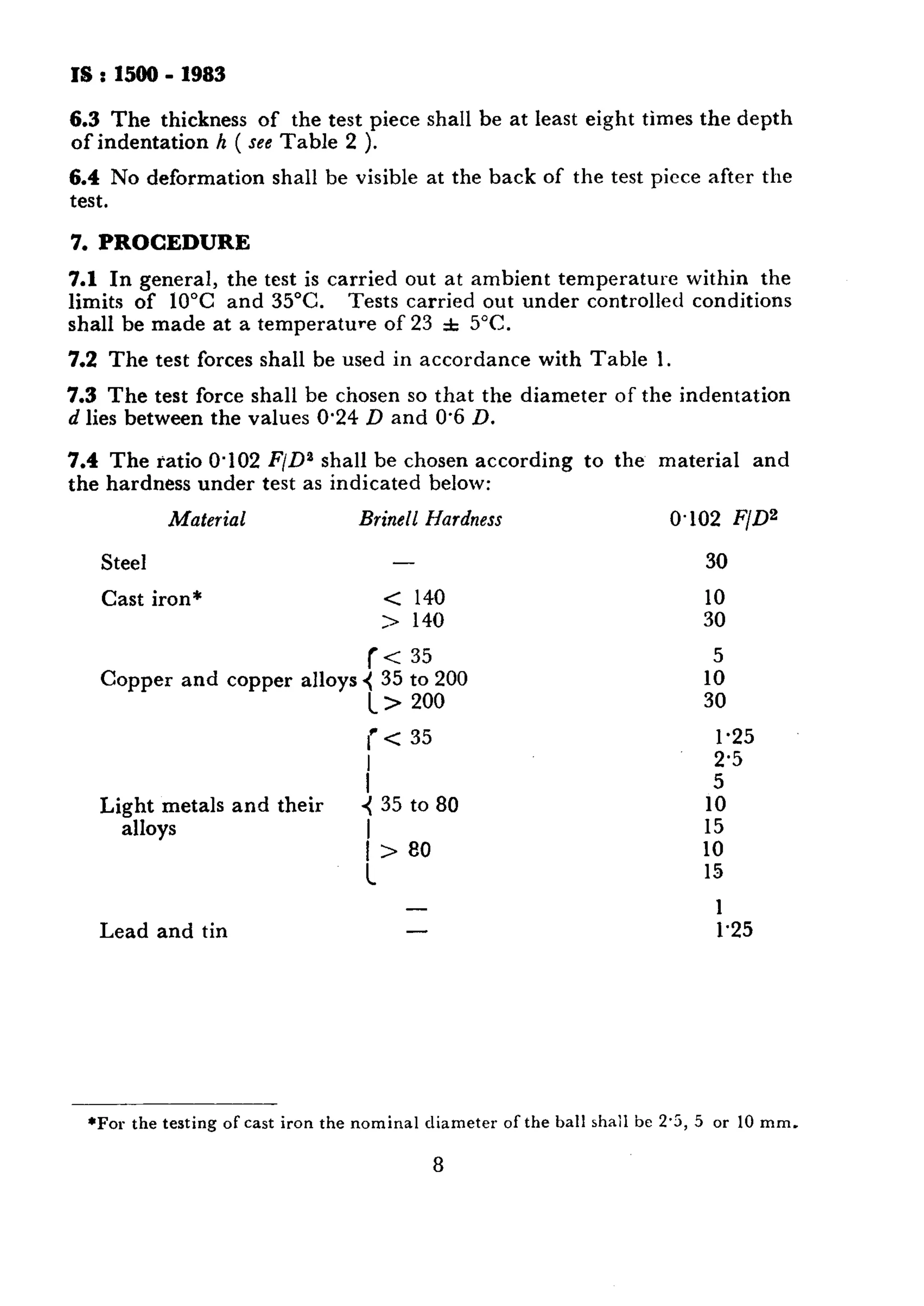 6.3 The thickness of the test piece shall be at least eight times the depth 
of indentation h ( see Table 2 ). 
6.4 No deformation shall be visible at the back of the test piece after the 
test. 
7. PROCEDURE 
7.1 In general, the test is carried out at ambient temperature within the 
limits of 10°C and 35°C. Tests carried out under controlled conditions 
shall be made at a temperature of 23 f 5°C. 
7.2 The test forces shall be used in accordance with Table 1. 
7.3 The test force shall be chosen so that the diameter of the indentation 
d lies between the values 0.24 D and 0.6 D. 
7.4 The ratio 0.102 F/Da shall be chosen according to the material and 
the hardness under test as indicated below: 
Material Brine11 Hardness 0.102 F/D2 
Steel 
Cast iron* 
- 
< 140 
> 140 
(< 35 
Copper and copper alloys ( 35 to 200 
I> 200 
I’< 35 
1 
Light metals and their < 35 to 80 
alloys 1, 80 
Lead and tin 
30 
10 
30 
5 
10 
30 
1.25 
2.5 
5 
10 
15 
10 
15 
- 1 
- 1.25 
*For the testing of cast iron the nominal diameter of the ball shail be 2.5, 5 or 10 mm. 
8 
 