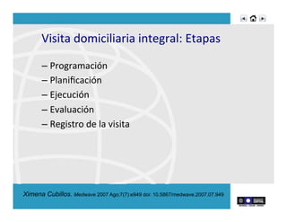 Visita	
  domiciliaria	
  integral:	
  Etapas	
  
– Programación	
  
– Planiﬁcación	
  
– Ejecución	
  
– Evaluación	
  
– Registro	
  de	
  la	
  visita	
  
	
  
Ximena Cubillos. Medwave 2007 Ago;7(7):e949 doi: 10.5867/medwave.2007.07.949
 