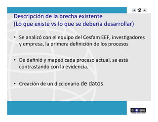 Descripción	
  de	
  la	
  brecha	
  existente	
  	
  
(Lo	
  que	
  existe	
  vs	
  lo	
  que	
  se	
  debería	
  desarrollar)	
  	
  
•  Se	
  analizó	
  con	
  el	
  equipo	
  del	
  Cesfam	
  EEF,	
  invesRgadores	
  
y	
  empresa,	
  la	
  primera	
  deﬁnición	
  de	
  los	
  procesos	
  
	
  
•  De	
  deﬁnió	
  y	
  mapeó	
  cada	
  proceso	
  actual,	
  se	
  está	
  
contrastando	
  con	
  la	
  evidencia.	
  
•  Creación	
  de	
  un	
  diccionario	
  de	
  datos	
  	
  
 
