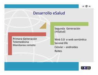 Desarrollo	
  eSalud	
  
Primera	
  Generación	
  
Telemedicina	
  
Monitoreo	
  remoto	
  
Segunda	
  	
  Generación	
  
(mSalud)	
  
	
  
Web	
  3.0	
  	
  o	
  web	
  semánRca	
  	
  
Second	
  life	
  
Celular	
  –	
  androides	
  
Redes	
  
	
  
 