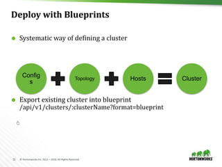 11 © Hortonworks Inc. 2011 – 2016. All Rights Reserved
Deploy with Blueprints
 Systematic way of defining a cluster
 Export existing cluster into blueprint
/api/v1/clusters/:clusterName?format=blueprint
Config
s
Topology Hosts Cluster
 