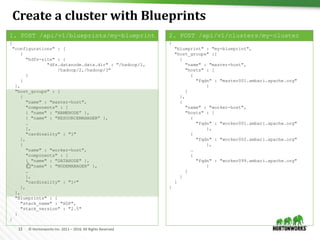 13 © Hortonworks Inc. 2011 – 2016. All Rights Reserved
Create a cluster with Blueprints
{
"configurations" : [
{
"hdfs-site" : {
"dfs.datanode.data.dir" : "/hadoop/1,
/hadoop/2,/hadoop/3"
}
}
],
"host_groups" : [
{
"name" : "master-host",
"components" : [
{ "name" : "NAMENODE” },
{ "name" : "RESOURCEMANAGER” },
…
],
"cardinality" : "1"
},
{
"name" : "worker-host",
"components" : [
{ "name" : "DATANODE" },
{ "name" : "NODEMANAGER” },
…
],
"cardinality" : "1+"
},
],
"Blueprints" : {
"stack_name" : "HDP",
"stack_version" : "2.5"
}
}
{
"blueprint" : "my-blueprint",
"host_groups" :[
{
"name" : "master-host",
"hosts" : [
{
"fqdn" : "master001.ambari.apache.org"
}
]
},
{
"name" : "worker-host",
"hosts" : [
{
"fqdn" : "worker001.ambari.apache.org"
},
{
"fqdn" : "worker002.ambari.apache.org"
},
…
{
"fqdn" : "worker099.ambari.apache.org"
}
]
}
]
}
1. POST /api/v1/blueprints/my-blueprint 2. POST /api/v1/clusters/my-cluster
 