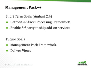 22 © Hortonworks Inc. 2011 – 2016. All Rights Reserved
Management Pack++
Short Term Goals (Ambari 2.4)
 Retrofit in Stack Processing Framework
 Enable 3rd party to ship add-on services
Future Goals
 Management Pack Framework
 Deliver Views
 