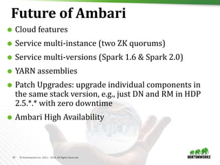 42 © Hortonworks Inc. 2011 – 2016. All Rights Reserved
Future of Ambari
 Cloud features
 Service multi-instance (two ZK quorums)
 Service multi-versions (Spark 1.6 & Spark 2.0)
 YARN assemblies
 Patch Upgrades: upgrade individual components in
the same stack version, e.g., just DN and RM in HDP
2.5.*.* with zero downtime
 Ambari High Availability
 