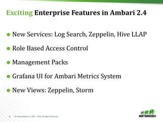 6 © Hortonworks Inc. 2011 – 2016. All Rights Reserved
Exciting Enterprise Features in Ambari 2.4
 New Services: Log Search, Zeppelin, Hive LLAP
 Role Based Access Control
 Management Packs
 Grafana UI for Ambari Metrics System
 New Views: Zeppelin, Storm
 