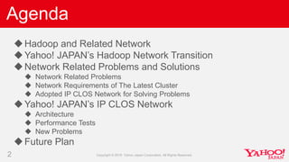 Agenda
2
Hadoop and Related Network
Yahoo! JAPAN’s Hadoop Network Transition
Network Related Problems and Solutions
 N...
