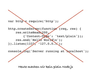 var http = require(‘http');!
!
http.createServer(function (req, res) {!
res.writeHead(200, !
{'Content-Type': 'text/plain'});!
res.end('Hello Worldn');!
}).listen(1337, ‘127.0.0.1');!
!
console.log('Server running at localhost');
Heute machen wir kein plain Node.js
 