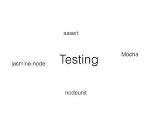 Testing
assert
Mocha
nodeunit
jasmine-node
 