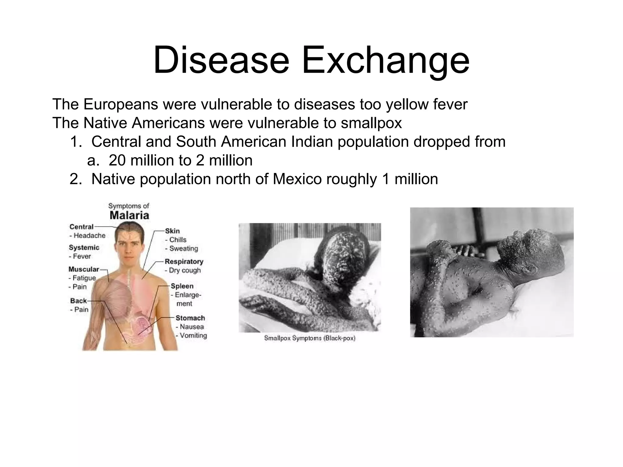 Disease Exchange The Europeans were vulnerable to diseases too yellow fever  The Native Americans were vulnerable to smallpox 1.  Central and South American Indian population dropped from  a.  20 million to 2 million  2.  Native population north of Mexico roughly 1 million  
