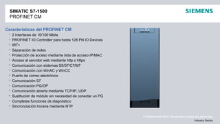 © Siemens AG 2012. Reservados todos los derechos.
Industry Sector
SIMATIC S7-1500
PROFINET CM
Características del PROFINET CM
 2 interfaces de 10/100 Mbits
 PROFINET IO Controller para hasta 128 PN IO Devices
 IRT+
 Separación de redes
 Protección de acceso mediante lista de acceso IP/MAC
 Acceso al servidor web mediante http o https
 Comunicación con sistemas S5/S7/C7/M7
 Comunicación con WinAC y WinCC
 Puerto de correo electrónico
 Comunicación S7
 Comunicación PG/OP
 Comunicación abierta mediante TCP/IP, UDP
 Sustitución de módulo sin necesidad de conectar un PG
 Completas funciones de diagnóstico
 Sincronización horaria mediante NTP
 