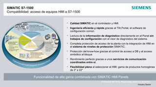 © Siemens AG 2012. Reservados todos los derechos.
Industry Sector
SIMATIC S7-1500
Compatibilidad: acceso de equipos HMI a S7-1500
Funcionalidad de alta gama combinada con SIMATIC HMI Panels
 Calidad SIMATIC en el controlador y HMI.
 Ingeniería eficiente y rápida gracias al TIA Portal, el software de
configuración común.
 Lectura de la información de diagnóstico directamente en el Panel sin
trabajos de configuración con el visor de diagnóstico del sistema.
 Completa protección de acceso de la planta con la integración de HMI en
el sistema de niveles de protección SIMATIC.
 Protección del know-how gracias al control de acceso a DB y al acceso
simbólico al bloque
 Rendimiento perfecto gracias a unos servicios de comunicación
coordinados entre sí.
 Flexibilidad plena al seleccionar el HMI: gama de productos homogénea
de 3" a 22"
 