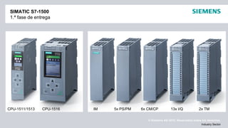 © Siemens AG 2012. Reservados todos los derechos.
Industry Sector
SIMATIC S7-1500
1.ª fase de entrega
CPU-1511/1513 CPU-1516 IM 5x PS/PM 6x CM/CP 13x I/Q 2x TM
 