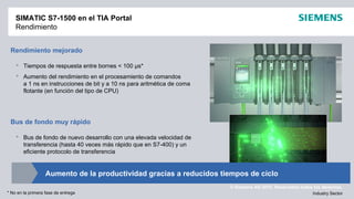 © Siemens AG 2012. Reservados todos los derechos.
Industry Sector
Rendimiento mejorado
 Tiempos de respuesta entre bornes < 100 µs*
 Aumento del rendimiento en el procesamiento de comandos
a 1 ns en instrucciones de bit y a 10 ns para aritmética de coma
flotante (en función del tipo de CPU)
Bus de fondo muy rápido
 Bus de fondo de nuevo desarrollo con una elevada velocidad de
transferencia (hasta 40 veces más rápido que en S7-400) y un
eficiente protocolo de transferencia
SIMATIC S7-1500 en el TIA Portal
Rendimiento
Aumento de la productividad gracias a reducidos tiempos de ciclo
* No en la primera fase de entrega
 