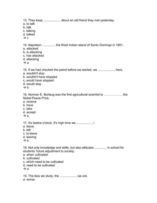 13. They keep .................... about an old friend they met yesterday.
a. to talk
b. talk
c. talking
d. talked
 c
14. Napoleon ............... the West Indian island of Santo Domingo in 1801.
a. attacked
b. is attacking
c. has attacked
d. attacking
 a
15. If we had checked the petrol before we started, we .................... here.
a. wouldn't stop
b. wouldn't have stopped
c. would have stopped
d. would stop
 b
16. Norman E. Borlaug was the first agricultural scientist to ……………… the
Nobel Peace Prize.
a. receive
b. have
c. take
d. accept
 a
17. It's twelve o'clock. It's high time we ....................!
a. leave
b. left
c. to leave
d. leaving
 b
18. Not only knowledge and skills, but also attitudes .............. in school for
students’ future adjustment to society.
a. when cultivated
b. cultivated
c. which need to be cultivated
d. need to be cultivated
 d
19. The less we study, the .................... we are.
a. worse
 