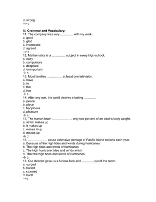d. wrong
--> c
III. Grammar and Vocabulary:
11. The company was very ............... with my work.
a. good
b. glad
c. impressed
d. agreed
--> c
12. Mathematics is a ................ subject in every high-school.
a. easy
b. compulsory
c. despised
d. unimportant
 b
13. Most families …………… at least one television.
a. have
b. in
c. that
d. has
 a
14. After any war, the world desires a lasting ..............
a. peace
b. piece
c. happiness
d. pleasure
 a
15. The human brain ……………….. only two percent of an adult’s body weight.
a. which makes up
b. it makes up
c. makes it up
d. makes up
 d
16. ………………. cause extensive damage to Pacific Island nations each year.
a. Because of the high tides and winds during hurricanes
b. The high tides and winds of hurricanes
c. The high hurricane tides and winds which
d. That the high tides and winds of hurricanes
 b
17. Our director gave us a furious look and .............. out of the room.
a. surged
b. hurled
c. stormed
d. burst
-->c
 