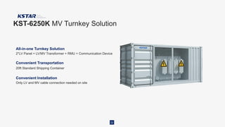 32
KST-6250K MV Turnkey Solution
All-in-one Turnkey Solution
2*LV Panel + LV/MV Transformer + RMU + Communication Device
Convenient Transportation
20ft Standard Shipping Container
Convenient Installation
Only LV and MV cable connection needed on site
 