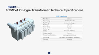 6.25MVA Oil-type Transformer Technical Specifications
Rated Power
Rated Voltage
Tap Changer
LV/MV Transformer
6250kVA
15~35kV/0.8kV-0.8kV
Off-Circuit-Tap-Changing
Vector Group
Cooling Type ONAN
Tap Range
Winding Material Aluminum
Standard
±2×2.5%
Dy11/y11
No Load Loss/Load Loss Eco Design EU548(Optional)
Monitoring Oil Pressure, Oil Level and Oil Temperature
IEC60076
Oil Type Mineral Oil (PCB Free)
33
 