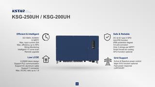 KSG-250UH / KSG-200UH
09
Efficient & Intelligent
DC1500V, AC800V
12 MPPT
Max. input current 20A
Max. efficiency up to 99%
String Monitoring
Intelligent I-V curve scan
Remote upgrade
Grid Support
Safe & Reliable
DC & AC type II SPD
Anti-PID function
IP66 protection degree
C5 anti-corrosion
Only 2 strings per MPPT
Smart forced air cooling
AFCI function optional
Low LCOE
6.25MW block design
Support PLC communication
Support AC aluminum cable
Support Y connector
Max. DC/AC ratio up to 1.8
Active & Reactive power control
Night SVG function optional
Fast power response
LVRT/HVRT
 
