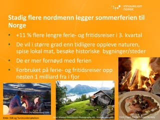 Stadig flere nordmenn legger sommerferien til
Norge
• +11 % flere lengre ferie- og fritidsreiser i 3. kvartal
• De vil i større grad enn tidligere oppleve naturen,
spise lokal mat, besøke historiske bygninger/steder
• De er mer fornøyd med ferien
• Forbruket på ferie- og fritidsreiser opp
nesten 1 milliard fra i fjor
Foto: CH/Visitnorway.com
Foto: Mattias Fredriksson Photography AB - Visitnorway.com Foto: Yngve Ask/Innovation NorwayKilde: SSB og Turistundersøkelsen
Foto: CH/Visitnorway.com
 