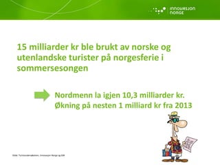 15 milliarder kr ble brukt av norske og
utenlandske turister på norgesferie i
sommersesongen
Kilde: Turistundersøkelsen, I...