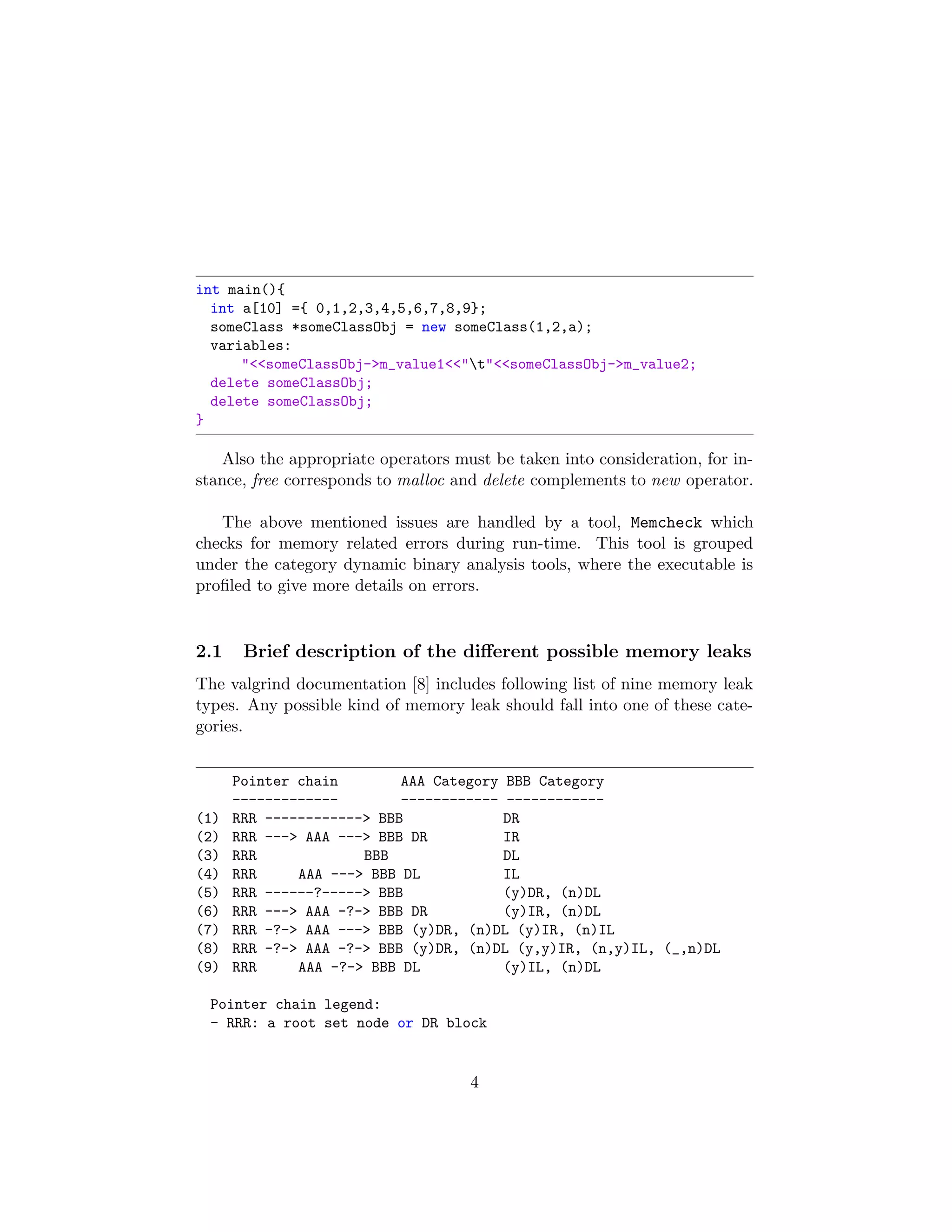 int main(){
int a[10] ={ 0,1,2,3,4,5,6,7,8,9};
someClass *someClassObj = new someClass(1,2,a);
variables:
"<<someClassObj->m_value1<<"t"<<someClassObj->m_value2;
delete someClassObj;
delete someClassObj;
}
Also the appropriate operators must be taken into consideration, for in-
stance, free corresponds to malloc and delete complements to new operator.
The above mentioned issues are handled by a tool, Memcheck which
checks for memory related errors during run-time. This tool is grouped
under the category dynamic binary analysis tools, where the executable is
proﬁled to give more details on errors.
2.1 Brief description of the diﬀerent possible memory leaks
The valgrind documentation [8] includes following list of nine memory leak
types. Any possible kind of memory leak should fall into one of these cate-
gories.
Pointer chain AAA Category BBB Category
------------- ------------ ------------
(1) RRR ------------> BBB DR
(2) RRR ---> AAA ---> BBB DR IR
(3) RRR BBB DL
(4) RRR AAA ---> BBB DL IL
(5) RRR ------?-----> BBB (y)DR, (n)DL
(6) RRR ---> AAA -?-> BBB DR (y)IR, (n)DL
(7) RRR -?-> AAA ---> BBB (y)DR, (n)DL (y)IR, (n)IL
(8) RRR -?-> AAA -?-> BBB (y)DR, (n)DL (y,y)IR, (n,y)IL, (_,n)DL
(9) RRR AAA -?-> BBB DL (y)IL, (n)DL
Pointer chain legend:
- RRR: a root set node or DR block
4
 