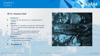 Chapitre 2
30 % : Examen final
•  Fondement :
▶  Examen de 2 h 30 portant sur l’ensemble de la
matière.
•  Attentes :
▶  Répondre à 2 questions au choix par 2x3 énoncés :
1.  75 % : 1 question d’ordre théorique avec réponse
développée.
2.  25 % : 1 question d’actualité mobilisant les
connaissances générales et la matière de
l’enseignement.
•  Exigences :
1.  3 pages manuscrites, maximums.
2.  1 page manuscrite, maximum.
▶  À la séance 14.
Travail 3
Séance 1 – Introduction à l’enseignement
Hiver 2015
POL4840 – Système politique montréalais Florent Michelot
POL4840@ﬂorent.michelot.info
 
