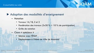 ▶ Votes
Adoption des
modalités
d’enseignement
Séance 1 – Introduction à l’enseignement
Hiver 2015
POL4840 – Système politique montréalais Florent Michelot
POL4840@ﬂorent.michelot.info
 