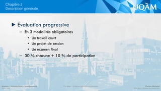 Chapitre 2
▶  Évaluation progressive
–  En 3 modalités obligatoires
•  Un travail court
•  Un projet de session
•  Un examen final
–  30 % chacune + 10 % de participation
Description générale
Séance 1 – Introduction à l’enseignement
Hiver 2015
POL4840 – Système politique montréalais Florent Michelot
POL4840@ﬂorent.michelot.info
 
