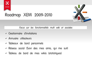 Roadmap XEM 2009-2010

            Focus sur les fonctionnalités multi wiki et sociales
    Gestionnaire d'invitations
✔

...