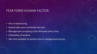 FEAR FORM HUMAN FACTOR:
• Fear of downsizing
• Several jobs were combined into one.
• Management accepting union demands every time.
• Inflexibility of workers.
• Idle time available to workers due to unorganised process.
 
