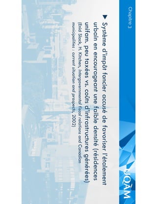 Chapitre 3
▶  Système d’impôt foncier accusé de favoriser l’étalement
urbain en encourageant une faible densité (résidences
unifam. peu taxées vs. coûts d’infrastructures générées)
(Enid Slack, H. Kitchen, Intergovernmental fiscal relations and Canadian
municipalities : current situation and prospects, 2002)
 