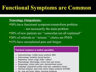 Neurology Outpatients:
50% have functional symptom/somatoform problem
– not necessarily the main problem
30% of new patients are ‘‘somewhat not all explained’’
20% of referrals to ‘‘seizure ’’ clinics are PNES
15% have unexplained pain and fatigue
Functional Symptoms are Common
 