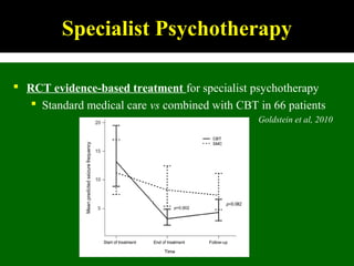 Specialist Psychotherapy
 RCT evidence-based treatment for specialist psychotherapy
 Standard medical care vs combined with CBT in 66 patients
Goldstein et al, 2010
 